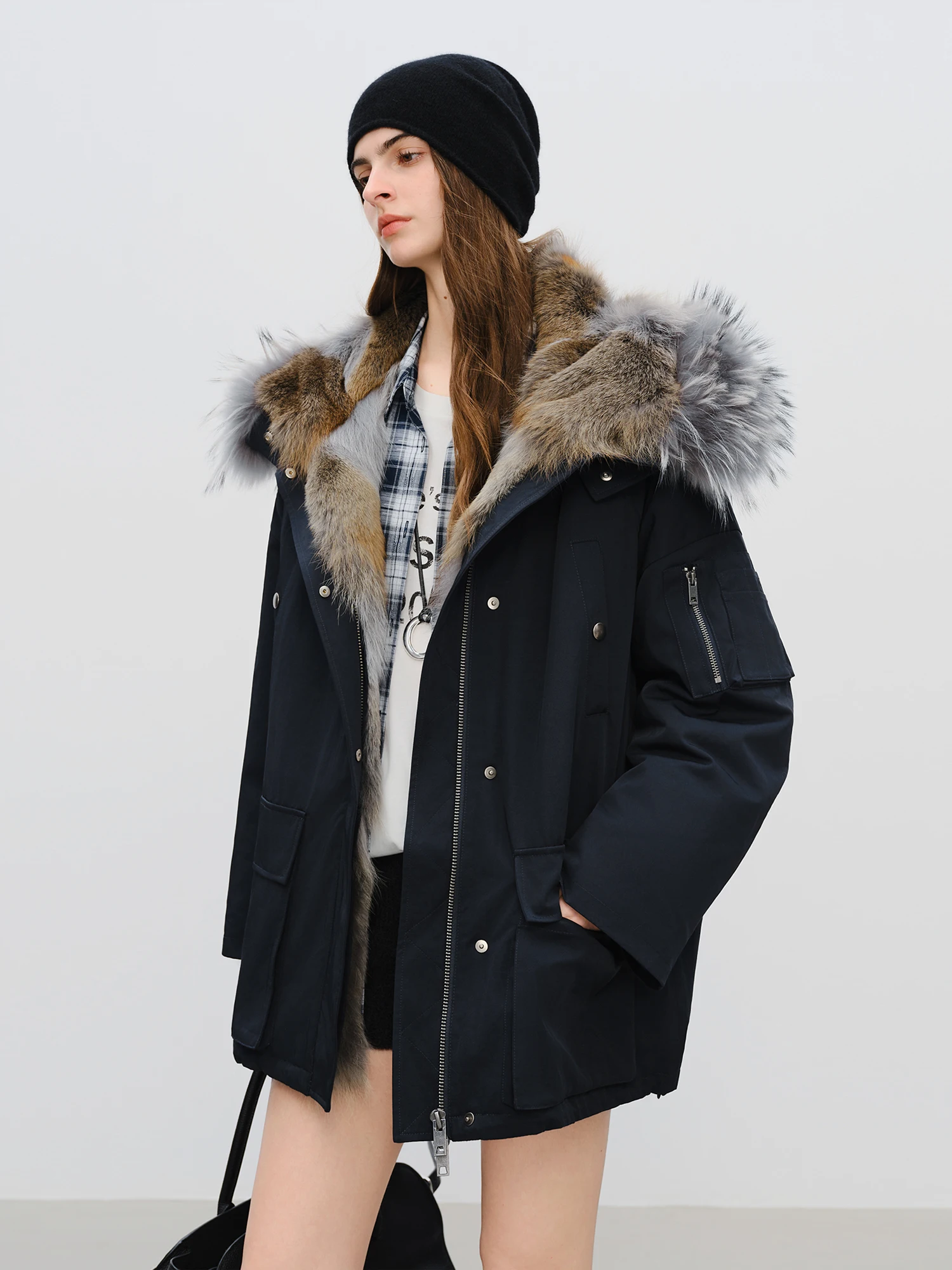 Fsle【série premium】parka de pele genuína, casaco destacável 2 em 1, jaqueta de inverno com isolamento térmico quente, casaco com capuz