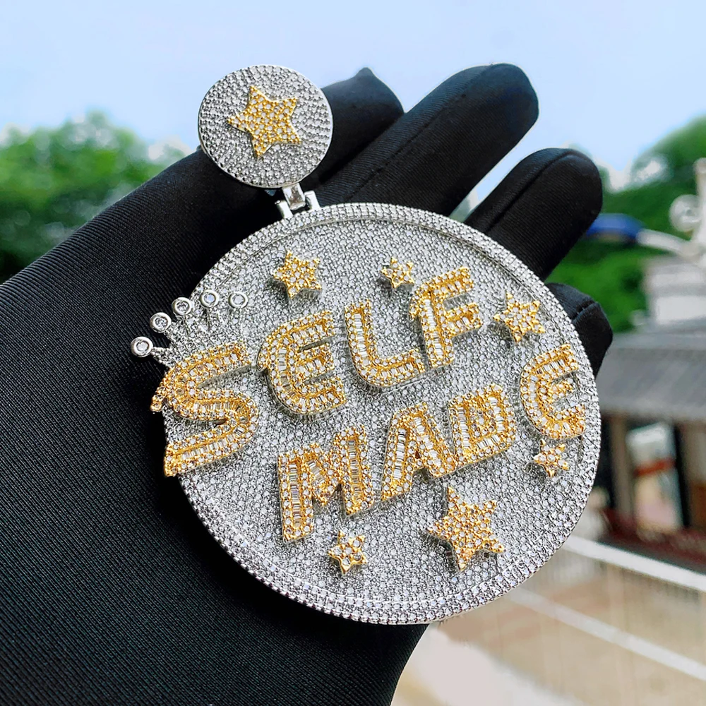 

Self Made Hip Hop Pendant Big Heavy Round Shape Engraved CZ Star Iced Out Bling Full Paved Men Jewelry