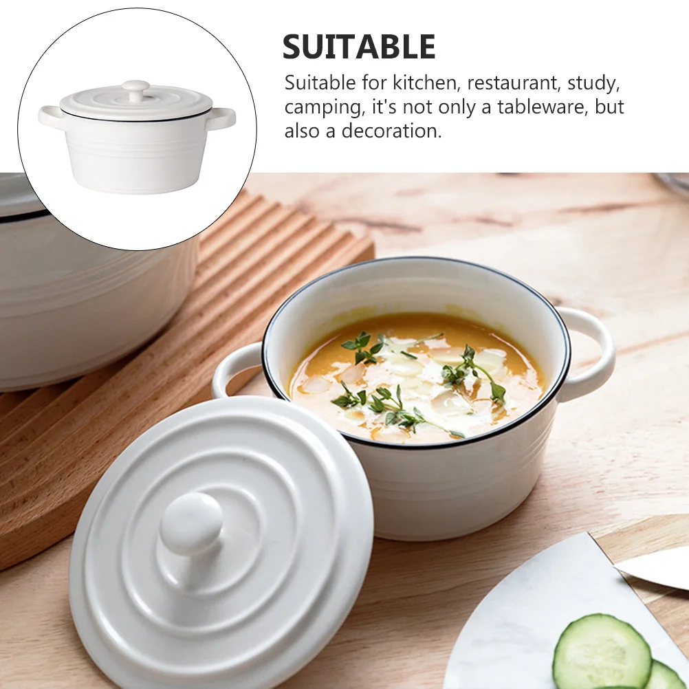 1 قطعة وعاء تبخير السيراميك غطاء مقبض مزدوج وعاء حساء رائع للمطبخ مطعم المنزل متعدد الوظائف الحلوى #2