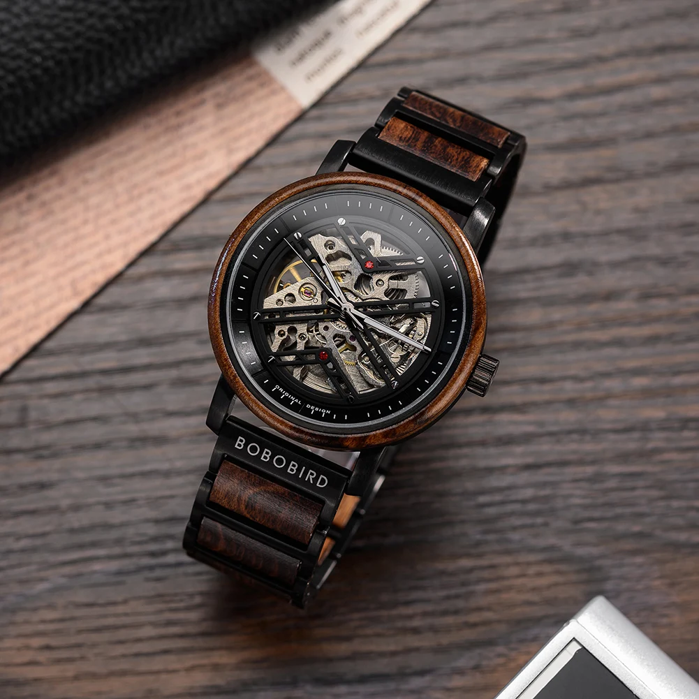 Automatic Mechanical Watch BOBO BIRD New Top Business Men Wooden Wristwatch Unique Custom Engraved Watches Christmas Gift Box