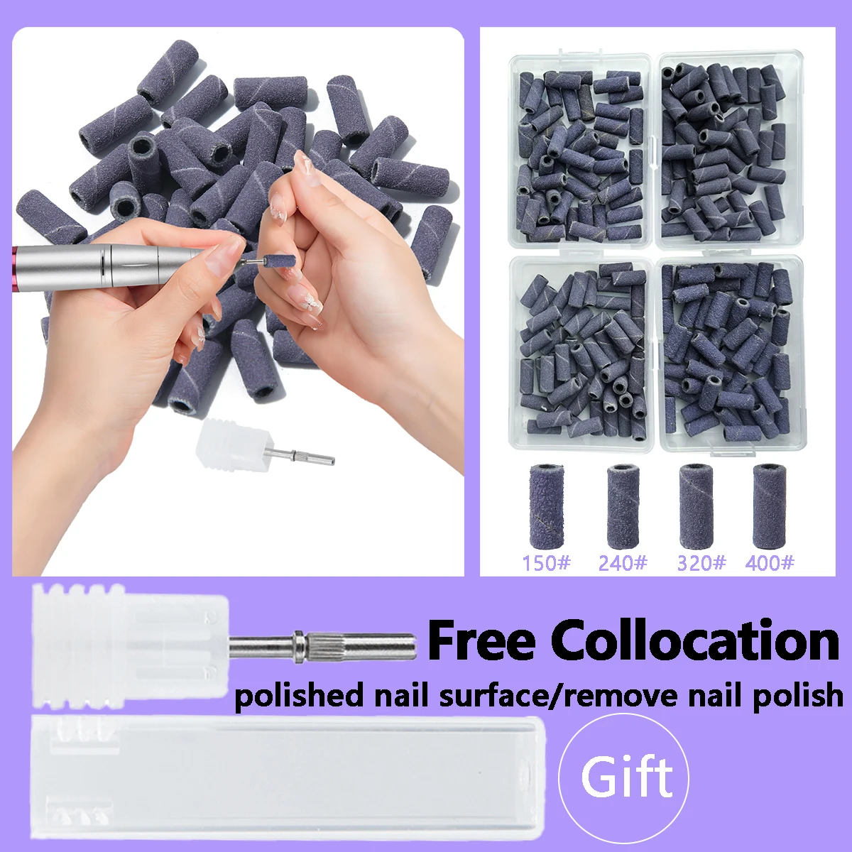 أربطة صنفرة أظافر مستوردة باللون الأسود والأرجواني مع مغزل لآلة كهربائية ومطحنة ملفات الأظافر الأكريليك وإزالة طلاء الأظافر #2