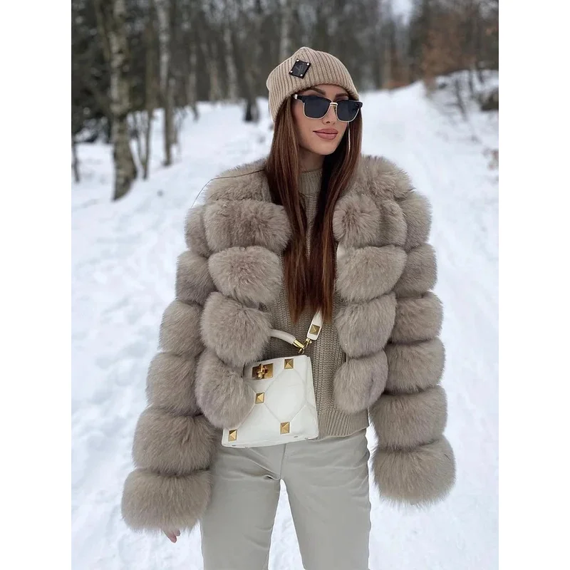Faux Fur Short Coat Women Cropped Long Sleeve Artificial Fox Fur Jacket Women Winter Fluffy Top Thick Warm Furry Fur Outwears
