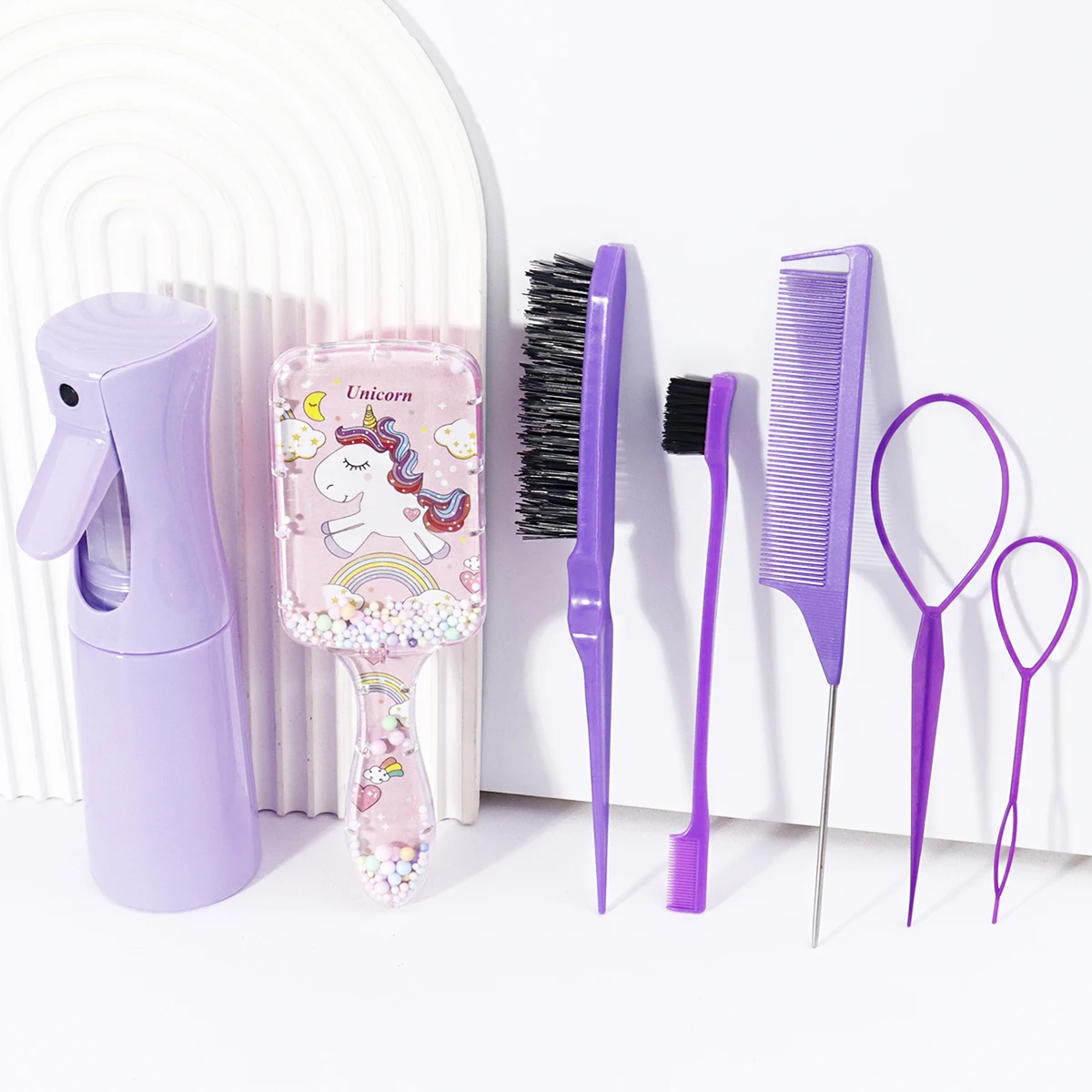 

Набор для укладки волос, 7 шт., с мультяшной щеткой, распылителем, расческой, расческой, расческой, расческой для краев, расческой для крысиного хвоста, специально для париков из настоящих волос