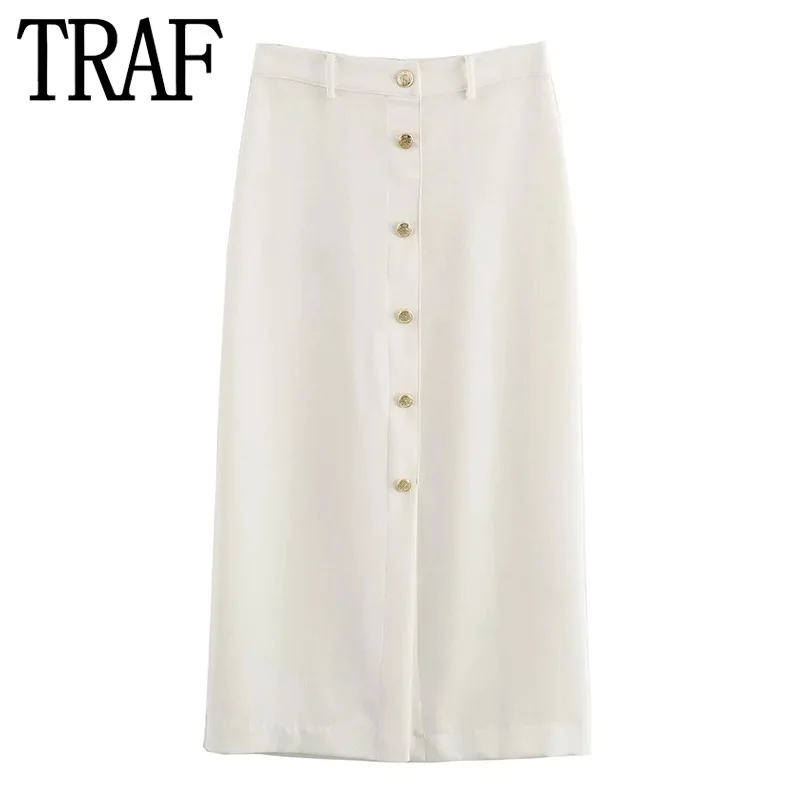 

TRAF Woman White Midi Skirt With Slit Gloden Button High Waist Skirt Summer Elegant Long Skirts For Women Fashion Women's Skirts