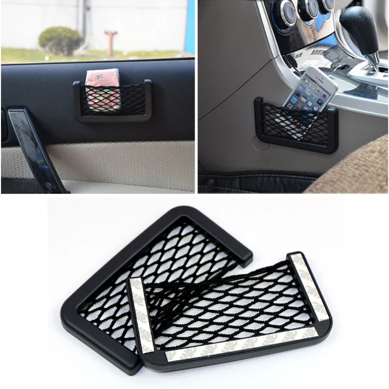 Car Storage Bag Net Pocket Auto Accessories Universal Car Seat Side Back Storage Net Bag Phone Holder Pocket Organizer Black