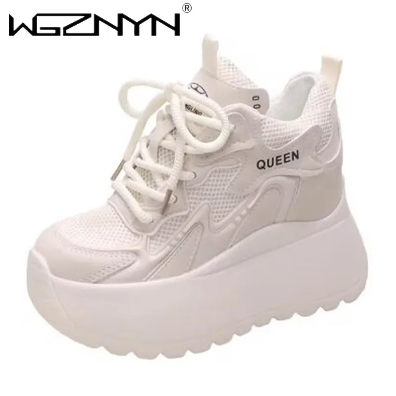 Kobiety Casual Leather Sneaker Autumn Lace up 10CM High Platform Shoes Thick Sole Sport Dad Shoes Woman Sneakers Chaussure Femme