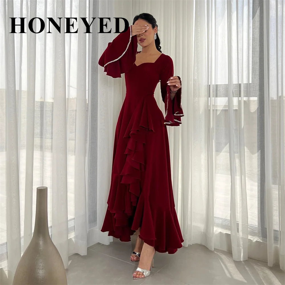 HONEYED 2024 Simple Wine red Ruffles Beads Ankle-length Long Evening Party Gowns Sweetheart Vintage Formal Occasion Prom Gowns