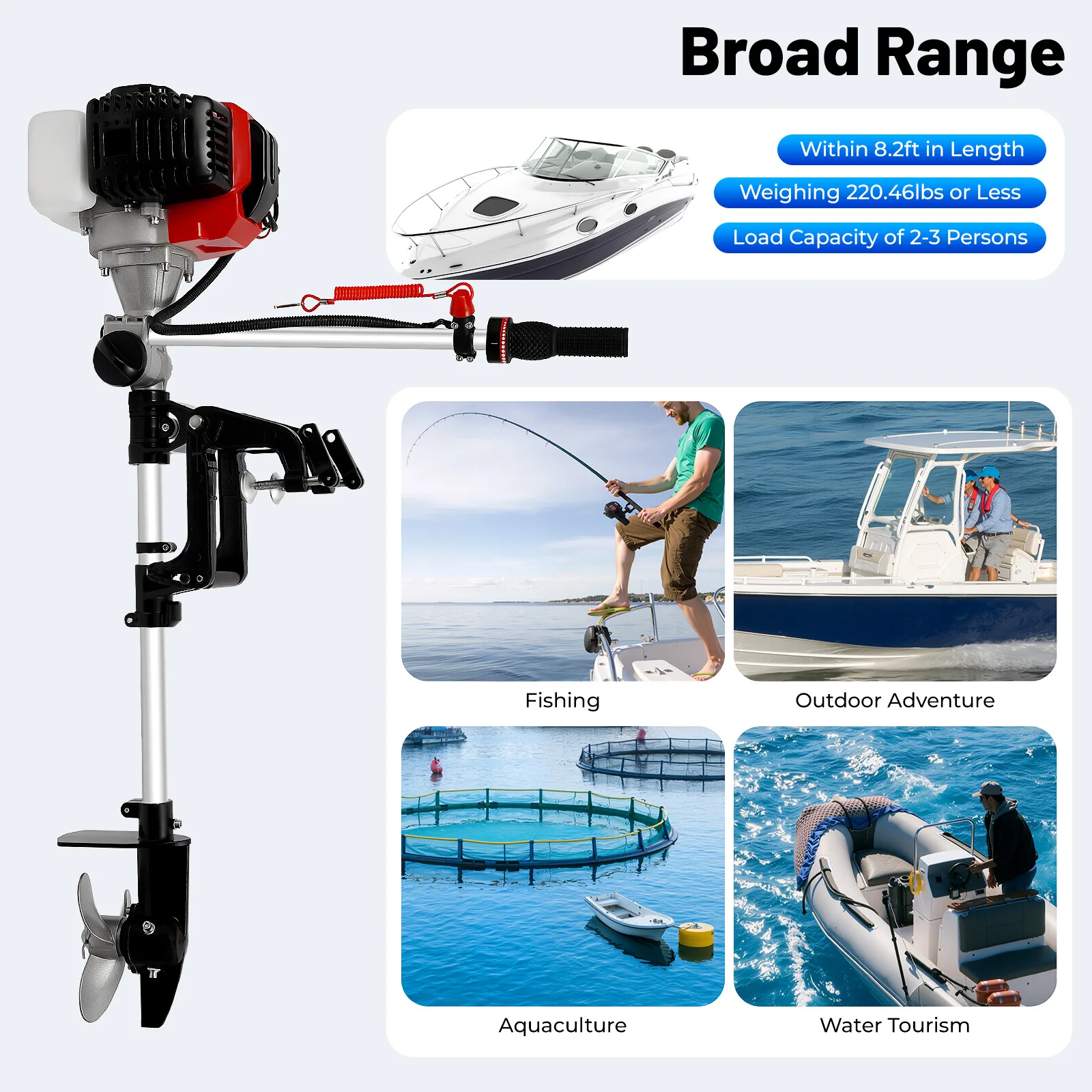 

2.3 HP 2 Stroke Outboard Motor 8500 rpm Outboard Motor 2.3HP Boat Engine 360° Freely Rotatable Joystick for Vessels up to 8