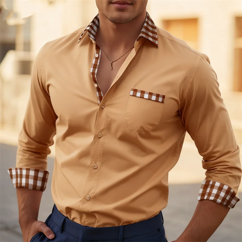 Men's new solid color casual long sleeved lapel button top with checkered border design and pocket comfort top