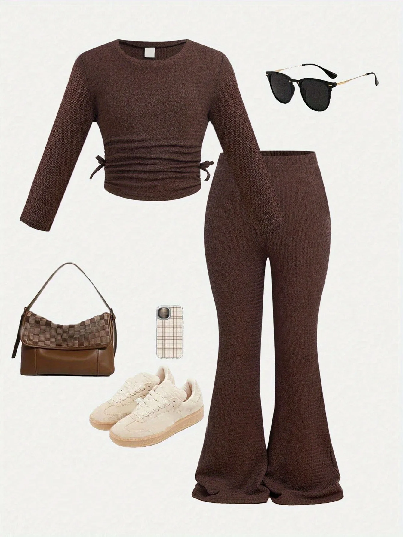 2-teiliges Set für Kinder und Mädchen, braunes Waffelstrick-Set mit gerafftem Crop-Top mit Kordelzug und Schlaghose, lässiges Alltagsoutfit – Detail 2