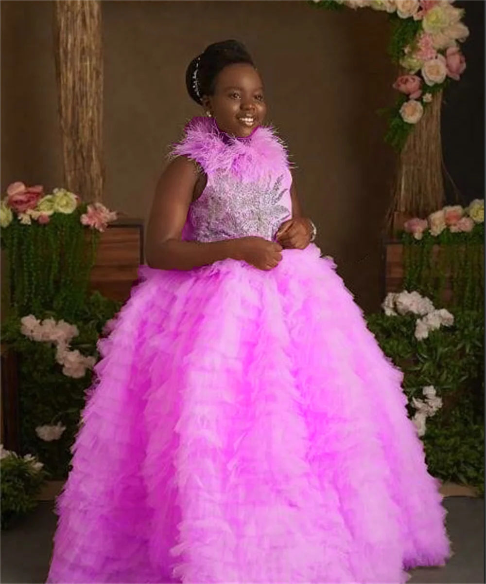 

Luxury Feather Collar Hot Pink Flower Girl Dresses Ruffles Pageant Gowns Tulle For Birthday Ball Wedding Party Custom Princess