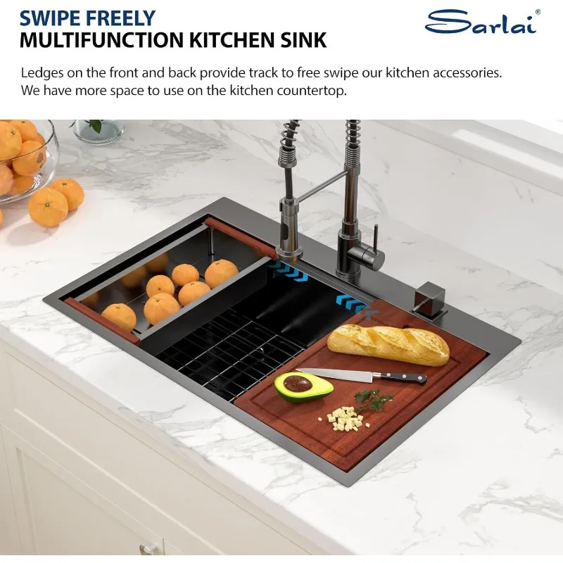 Sarlai 33 Inch Black Drop In Kitchen Sink Workstation-33x19 Drop In Kitchen Sink Black Stainless Steel Topmount Workstation Sink