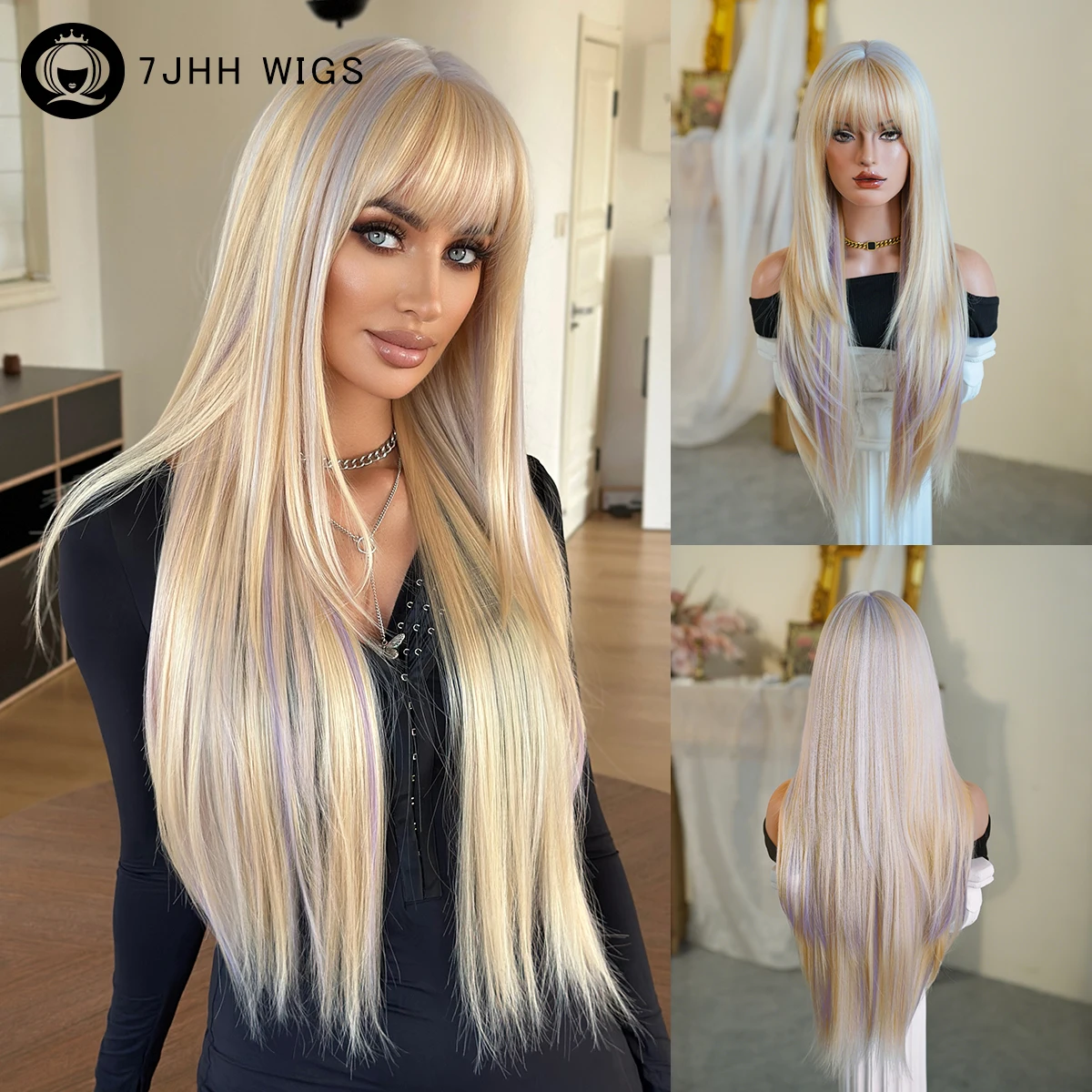 7JHH WIGS Long Straight Blonde Highlight Purple Wig for Women Synthetic Modest Fashion Wear and Go Colourful Wigs with Neat Bang