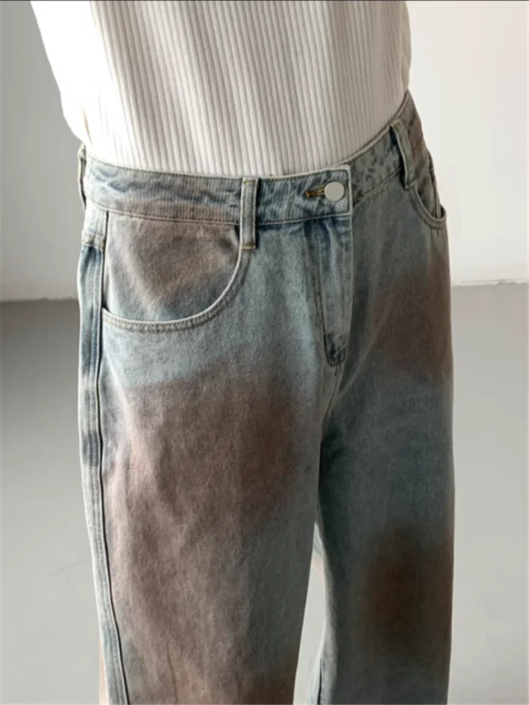 2023 Korean version of niche design dirty jeans men retro wash American tie-dye high waist straight leg wide-leg pants