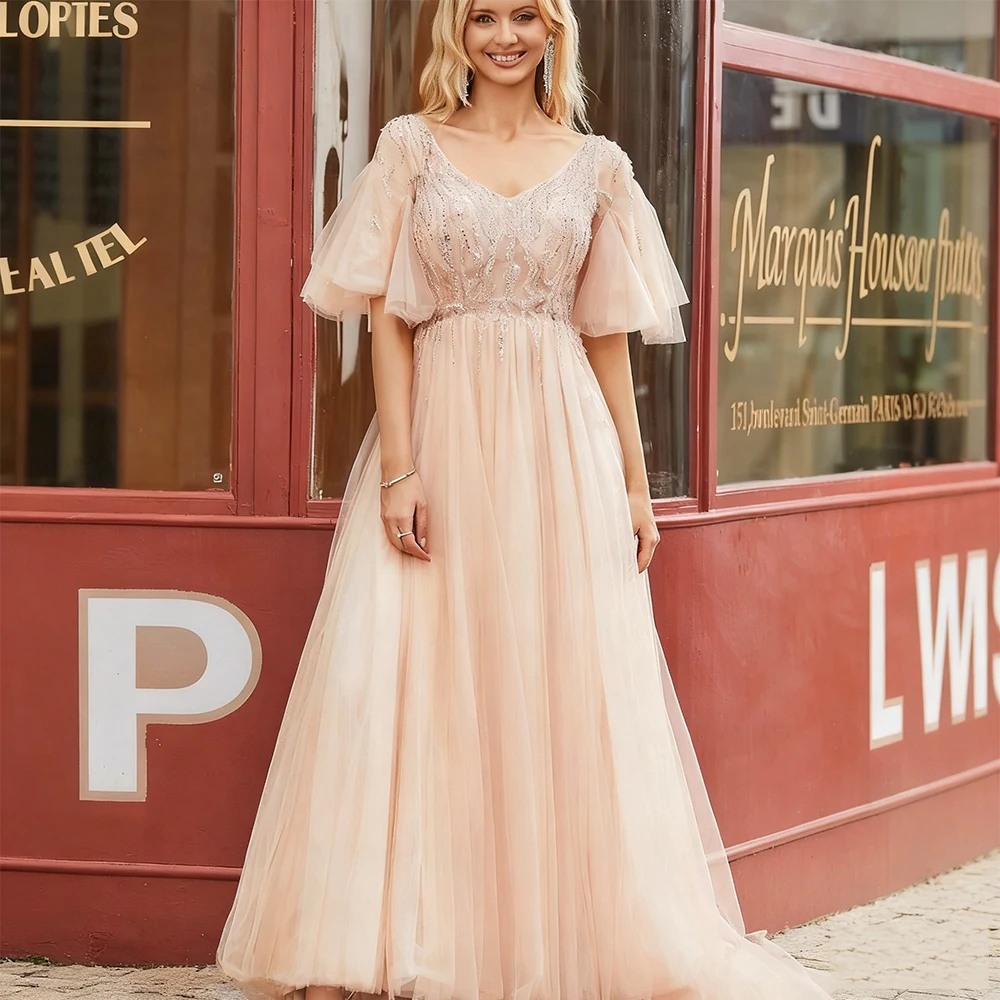 

DRESS FORU Champagne Classic Elegant Evening Dresses Tulle for Floor-Length V-Neck Prom Dress Appliques A-line Customized