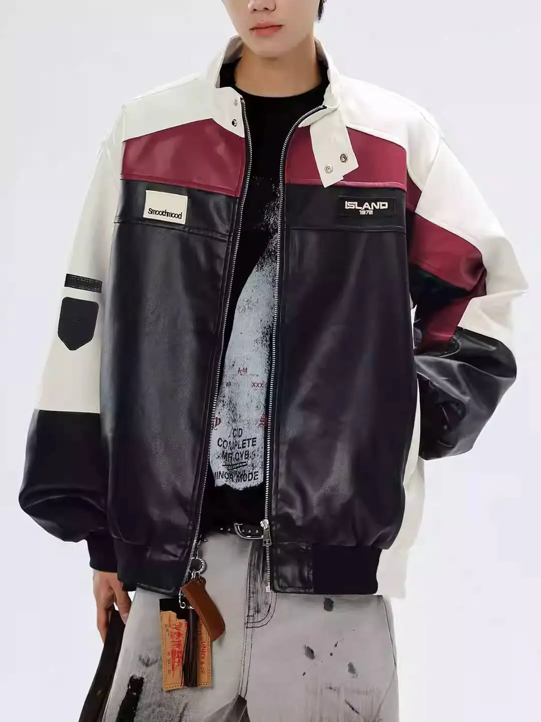 Men's Leather Jacket 2025 Autumn Winter Stand Collar PU Leather Jacket Color Block Biker Retro Cool Street Racing Jacket