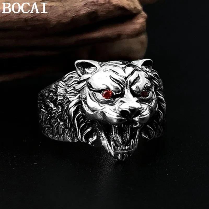 

BOCAI New Solid S925 Pure Silver Jewelry Retro Thai Silver Men's Ring Open Fashion Three-dimensional Tiger Head Silver Ring