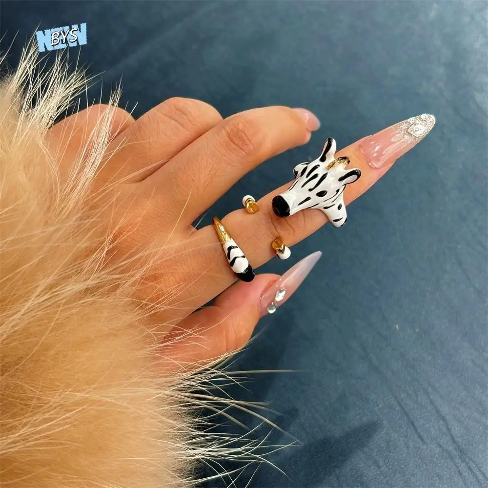 

Vintage Animal Horse Ring Set Pony Horse Black White Cartoon Glaze Ring Trendy Delicate Opening Finger Ring Party Favors