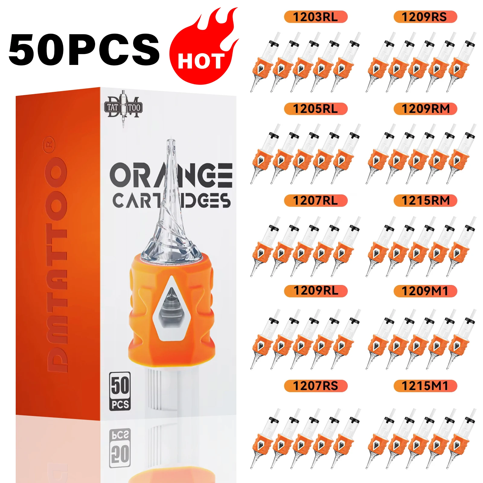 DM 50PCS Mixed Disposable Orange Cartridge Tattoo Needles Professional Sterilized Safety Cartridge Needle With Membrane System