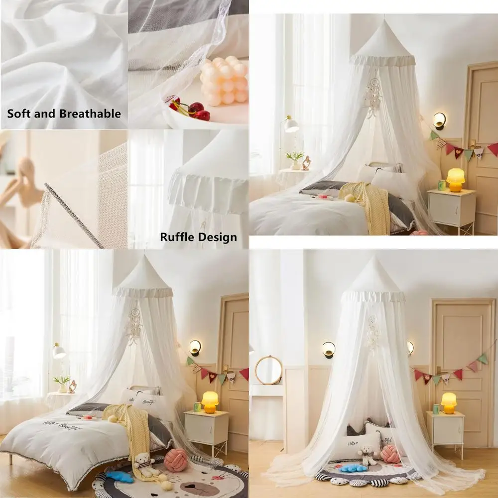 

White Double Layer Princess Dome Mosquito Net with Lights, Girls' Castle-Themed Bed Canopy, Play Tent, and Reading Nook