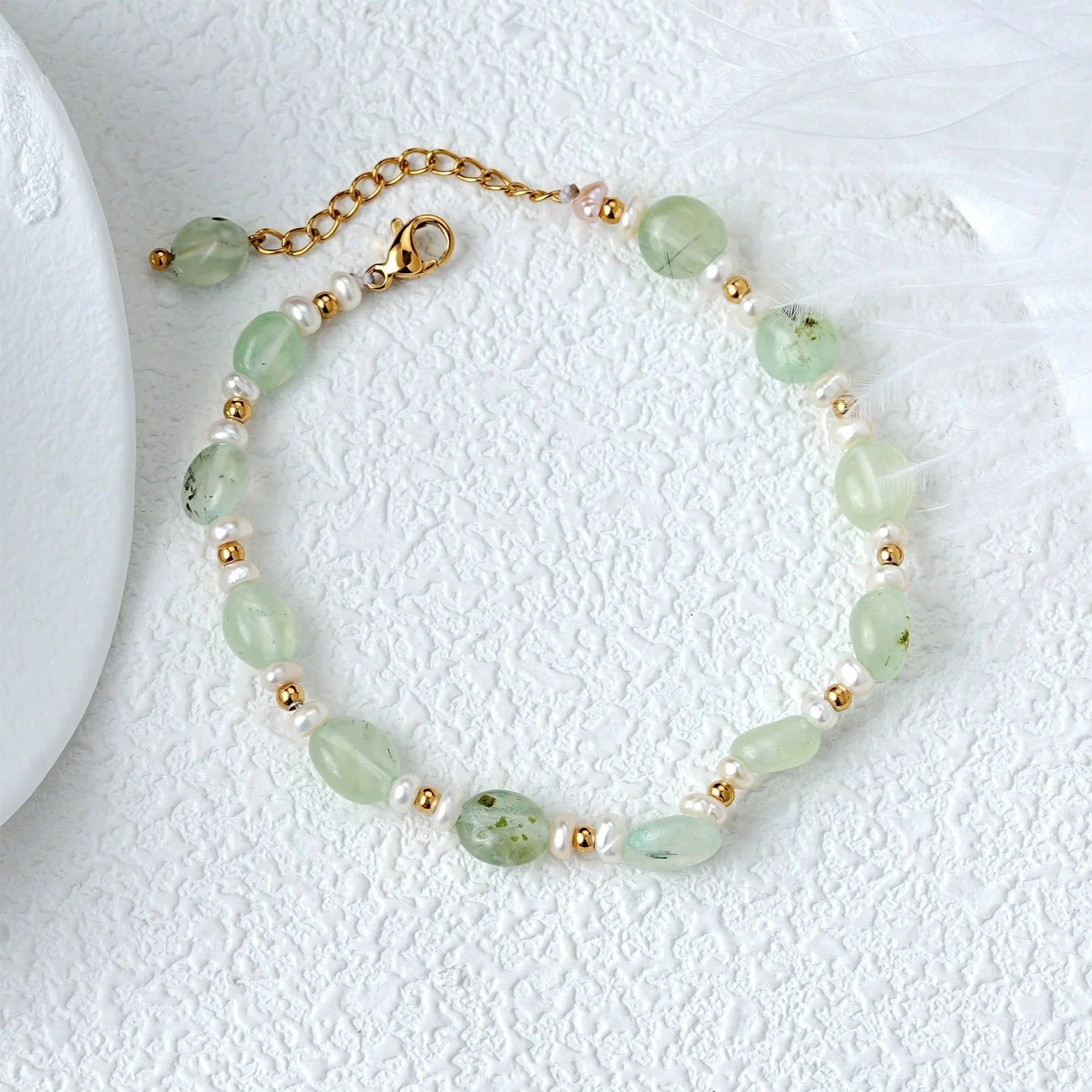Light Green Prehnite & Freshwater Pearl Beaded Bracelet for Women, Dainty Thin Chain Adjustable Hand Jewelry