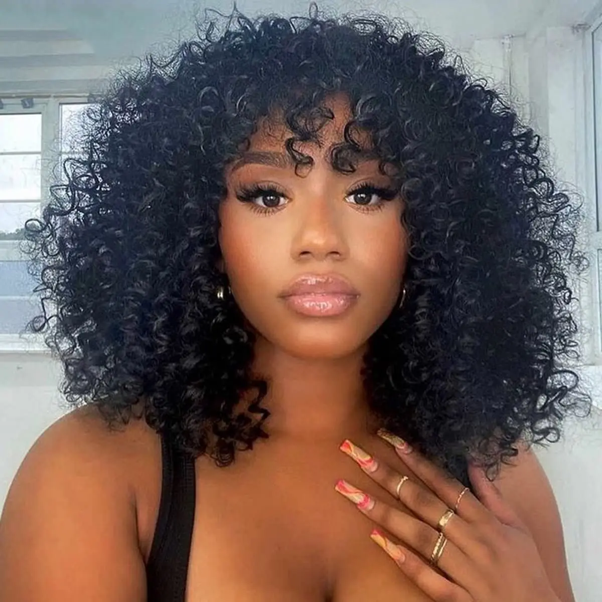 Isee Hair Short Human Hair Wig With Bangs Brazilian Bob Kinky Curly Virgin Human Hair Wig For Black Women 180% Density Short