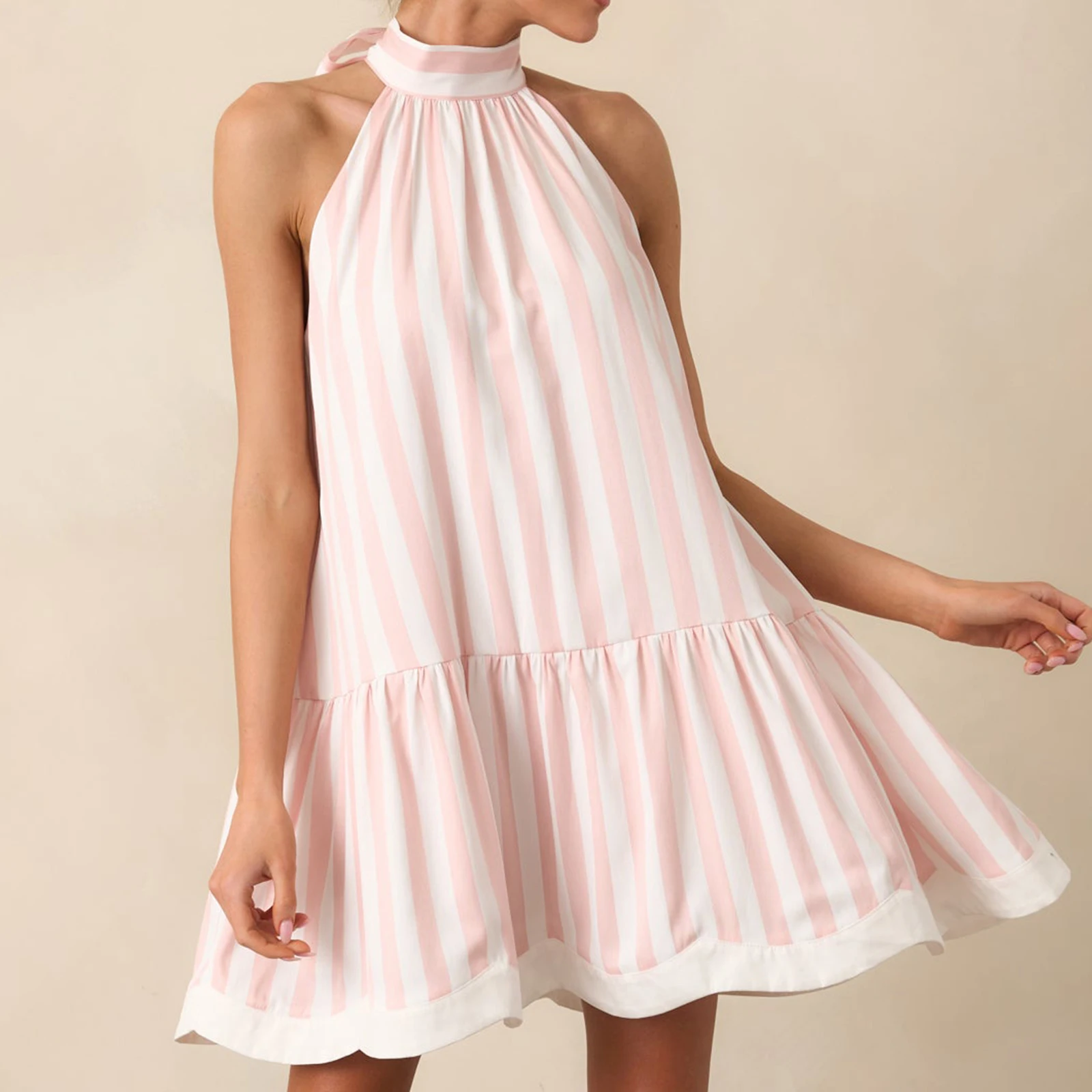 Women Summer Mini Tank Dress Sleeveless Cold Shoulder Trendy Striped Beach Dress