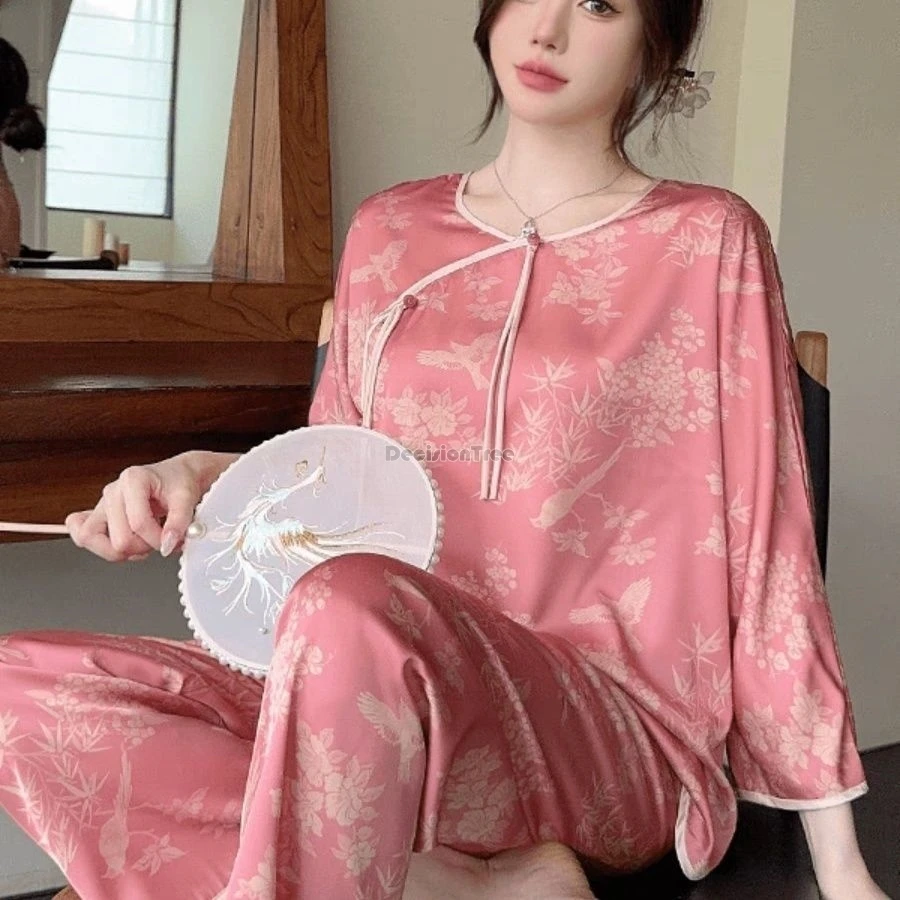 2025 new chinese style traditional pajamas long sleeve printed loose silk homewear set women daily retro loose hanfu pajamas set