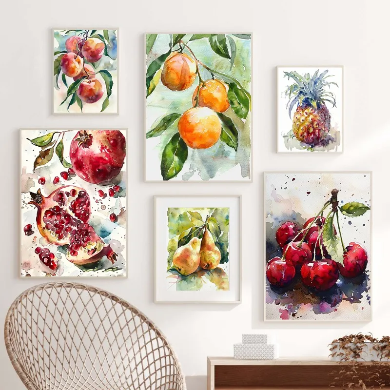 Kitchen Fruit Pineapple Peache Pear Watercolor Posters and Prints Canvas Paintings Wall Art Picture for Living Room Decor