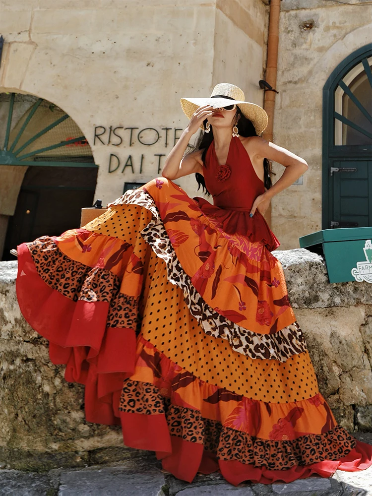 64-76 سنتيمتر الخصر الصيف البوهيمي عطلة تنانير طويلة النساء أنيقة الفرنسية ليوبارد طباعة المرقعة تكدرت كبير سوينغ عطلة تنورة #1