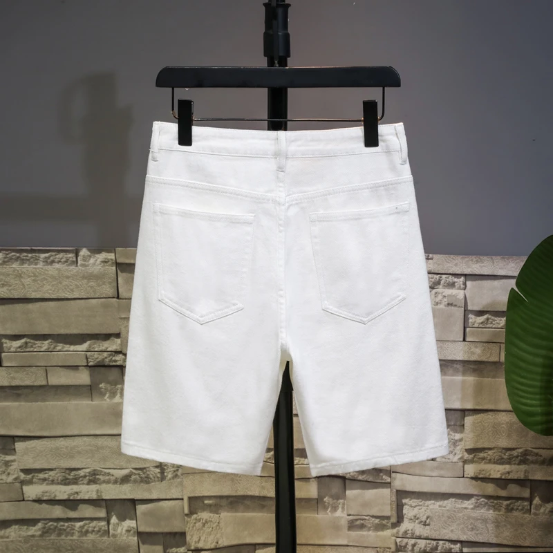 New White Jeans Shorts Men Ripped Hole Frayed Knee Length Classic Simple Fashion Casual Slim Denim Shorts Male High Quality