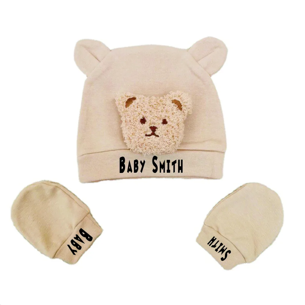 Newborn Baby Shower Gift Hat with Gloves 0-6 Months Baby Cap Baby Bear Hat with Customized Name Kids First Birthday Gift Hat