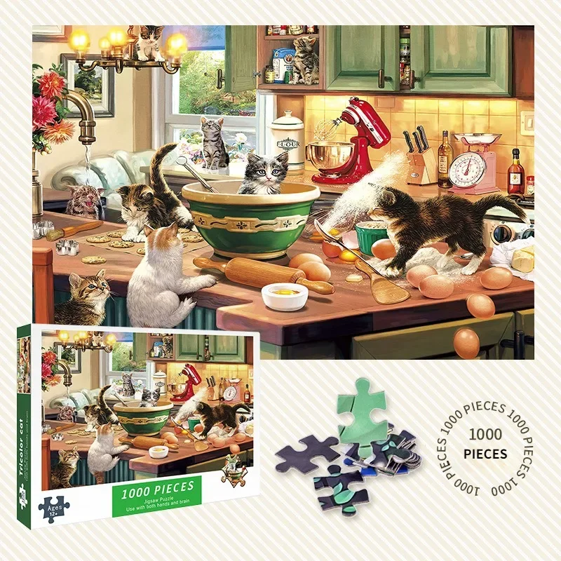 

75*50 см, 1000 шт. головоломки, 1000 шт., кухонные головоломки с изображением кота, аниме-игрушки для мальчиков и девочек, снятие стресса для взрослых, высокая сложность
