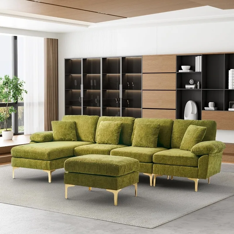 

4 Seat Sofa Set for Living Room, Convertible L-Shaped Chenille Couch Set with Chaise Lounge, Ottoman and Pillows,Green)