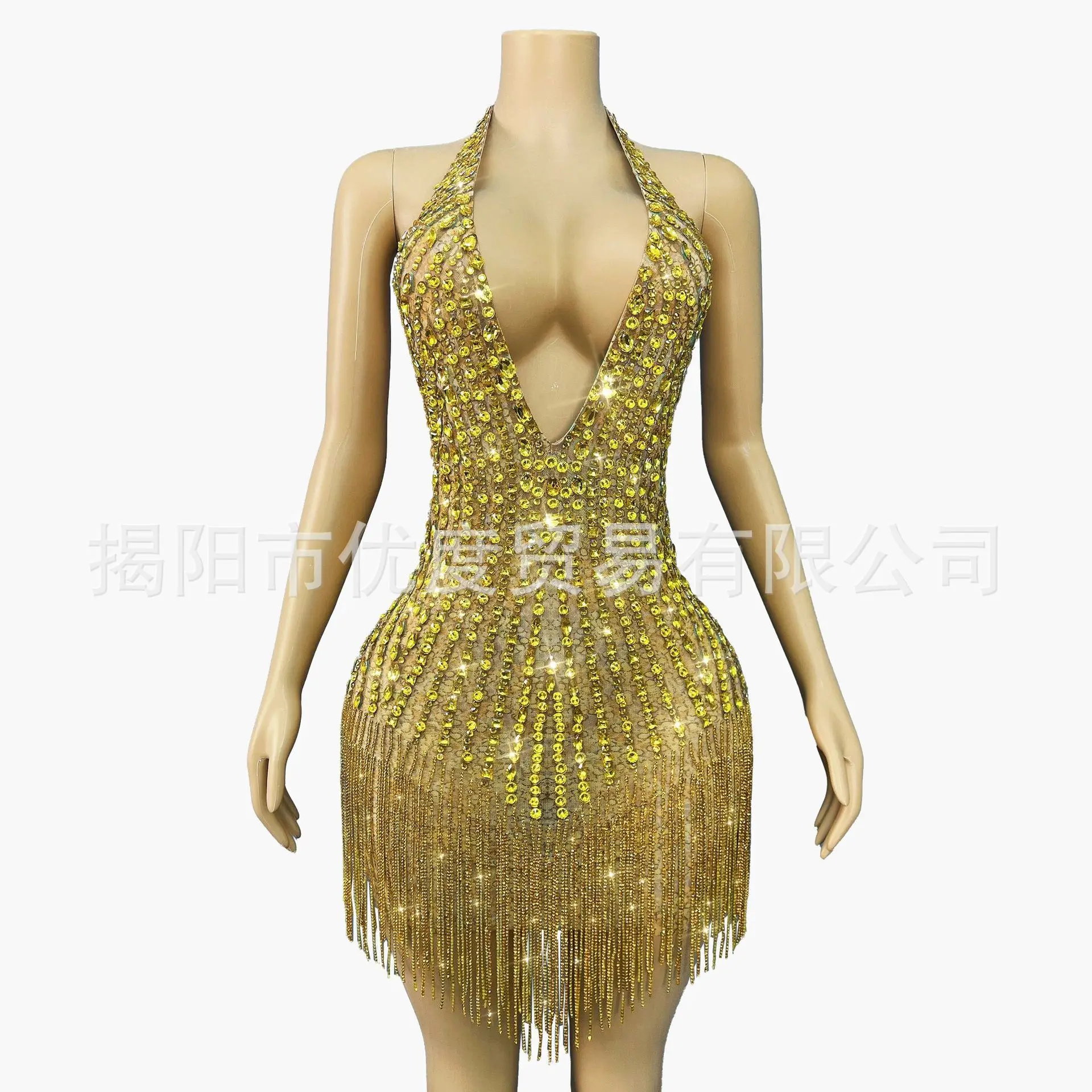 2026open Back Halterneck Rhinestone Diamond Chain Short Skirt Female Singer Party Dance Performance Golden Silkworm Without Yarn