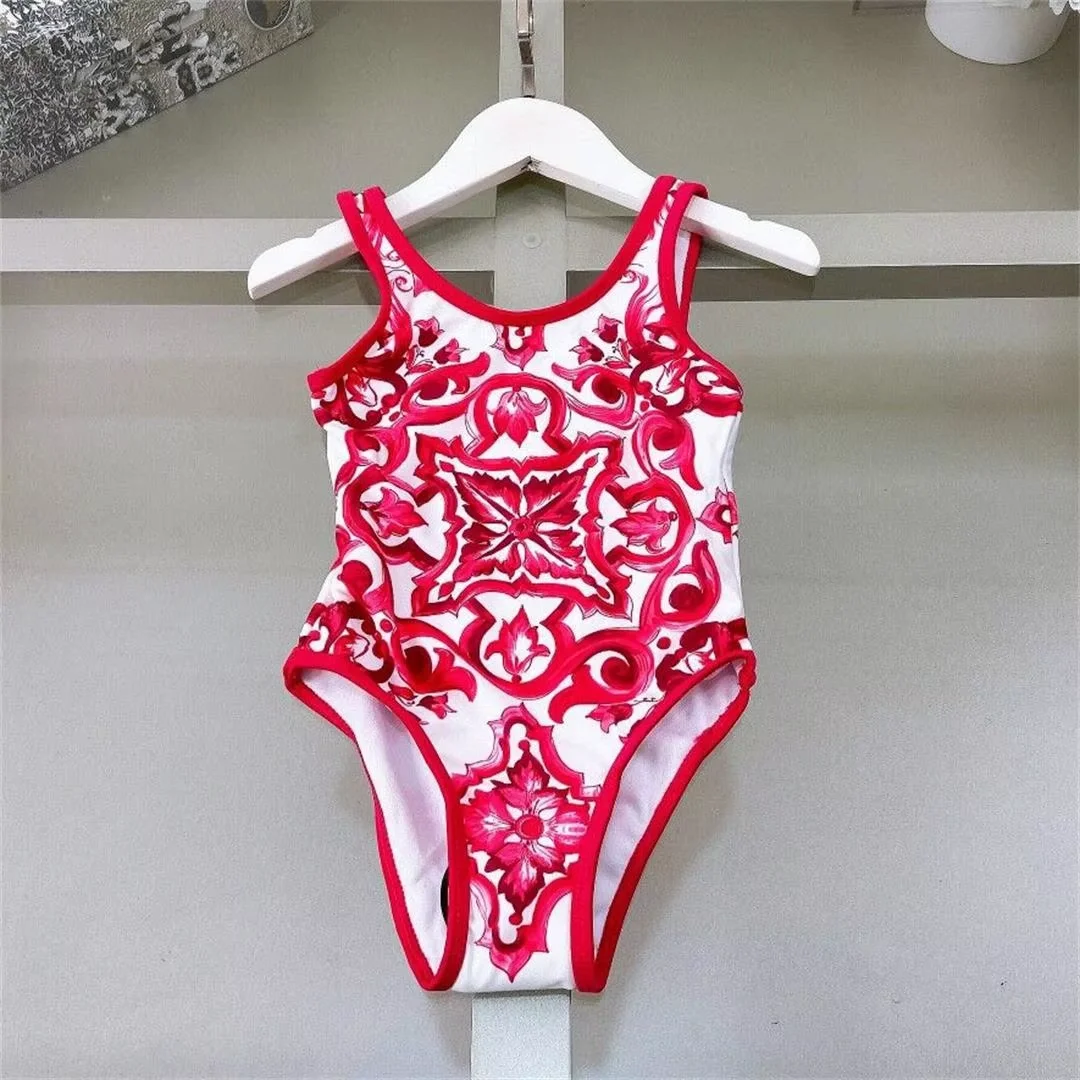 

2025 New summer children swimsuit red triangle one-piece body suit girls flower swim wear