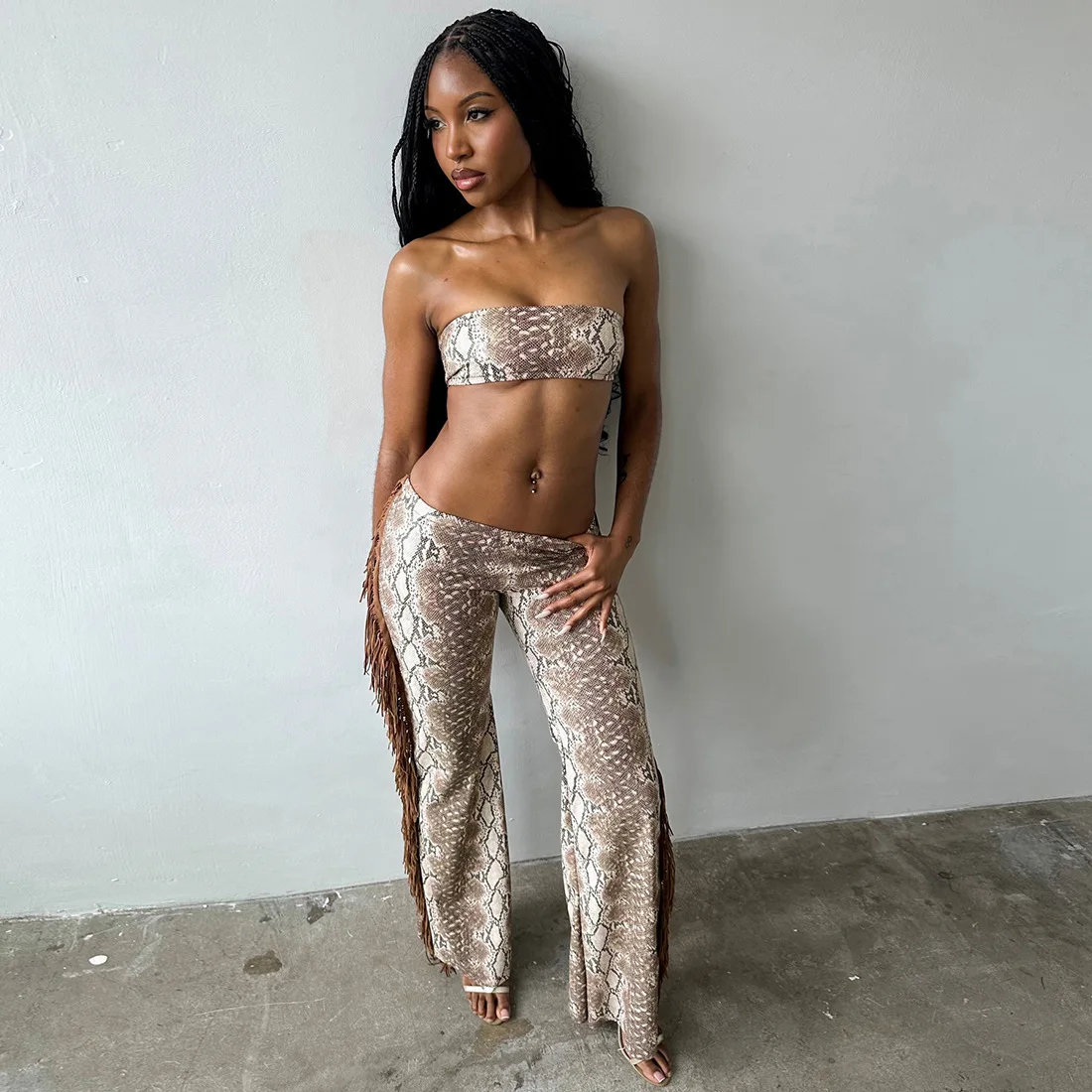 

Serpentine Print 2 Piece Set Women Sexy Strapless Tube Tops + Side Tassel Straight Pants Fashion Casual Streetwear Suit Clubwear