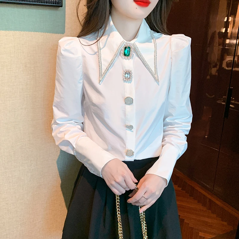 

Luxury Diamond Pearl Button Cardigan Shirt Women Office Top 2023 Autumn Fashion Lapel Long Sleeve White Business Blouse Female