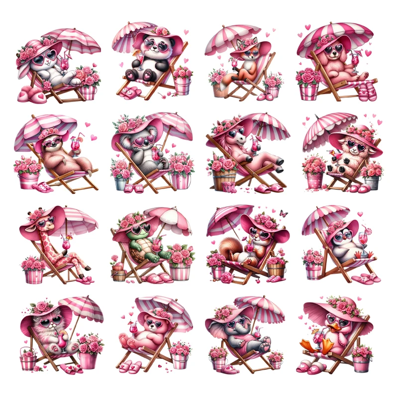 Set of 16 DTF heat transfer stickers featuring beach animals—durable, washable, and peel-resistant, perfect for DIY projects