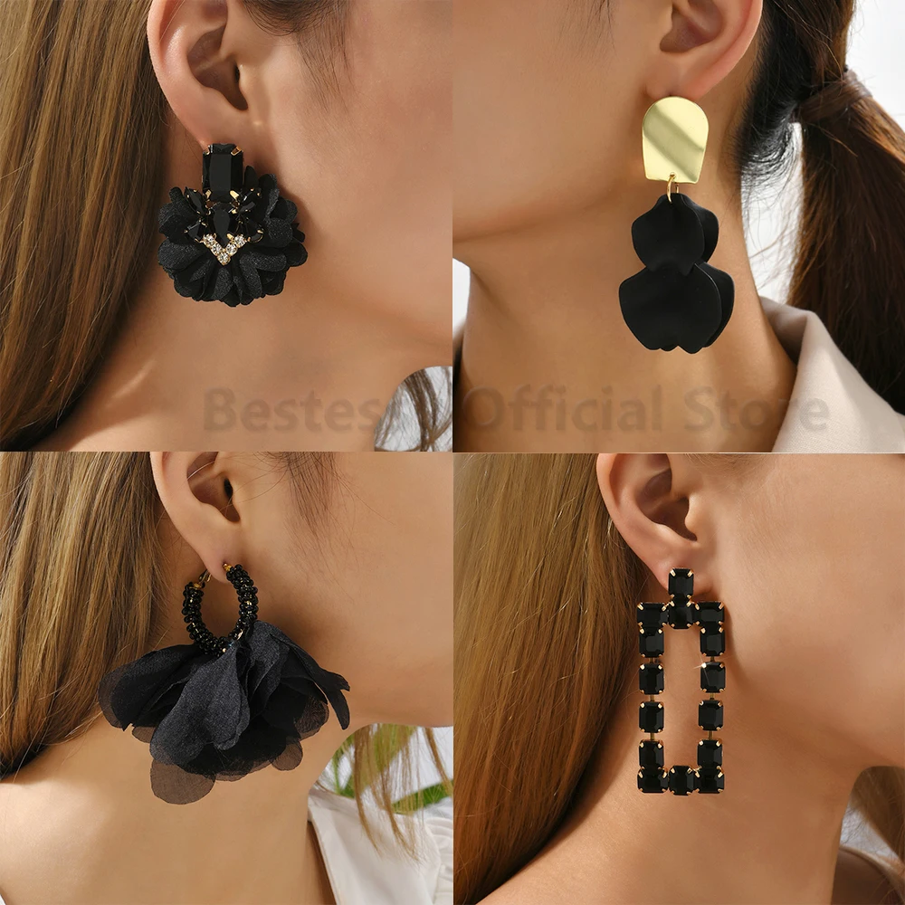 Black Crystal Petals Tassel Big Hanging Drop Earrings For Women Luxury Designer Geometric Vintage Pendants Elegant Party Jewelry