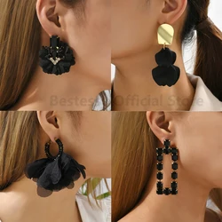 Black Crystal Petals Tassel Big Hanging Drop Earrings For Women Luxury Designer Geometric Vintage Pendants Elegant Party Jewelry