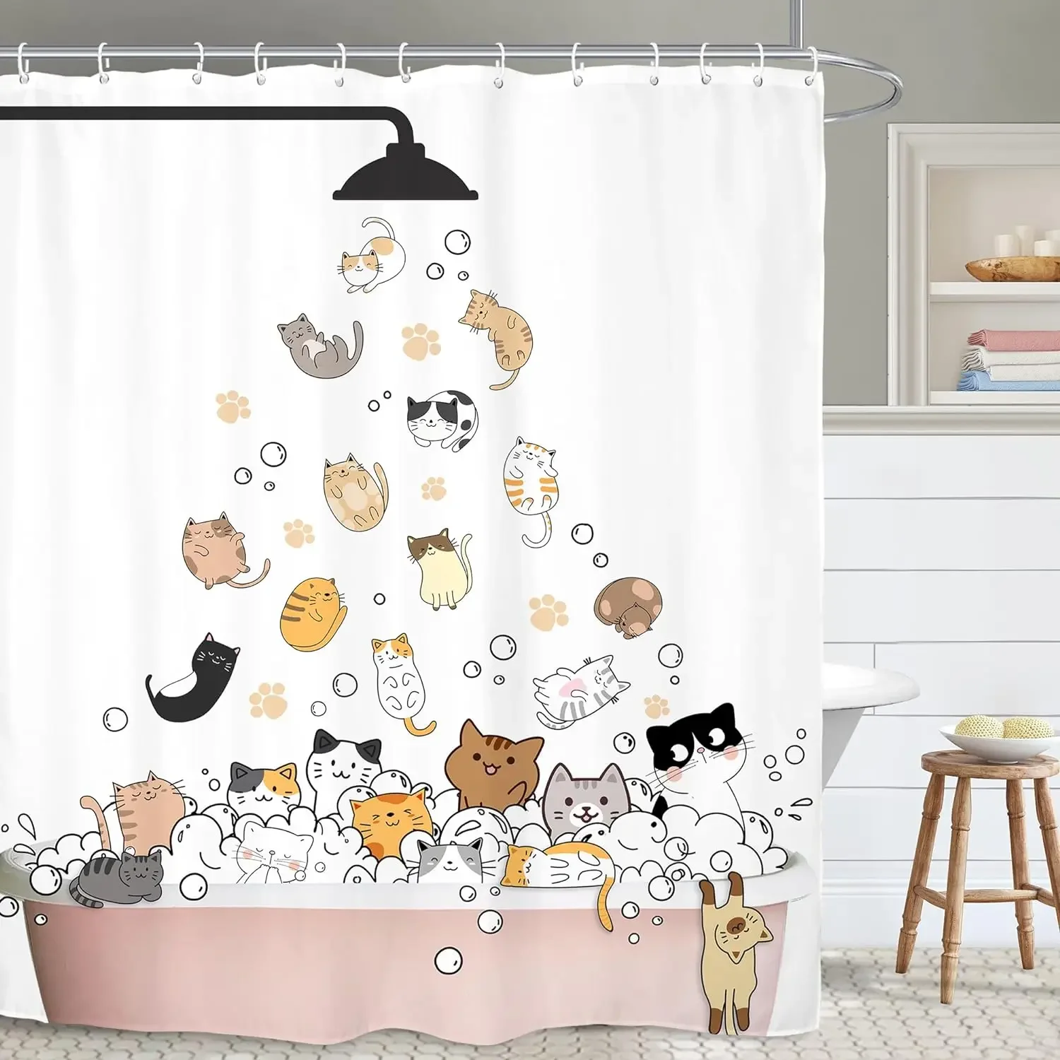 

Cats and Dogs Shower Curtain Funny Cartoon Corgi Cute Animal Pets in Bathtub Showering for Kids Polyester Fabric Plastic Hooks