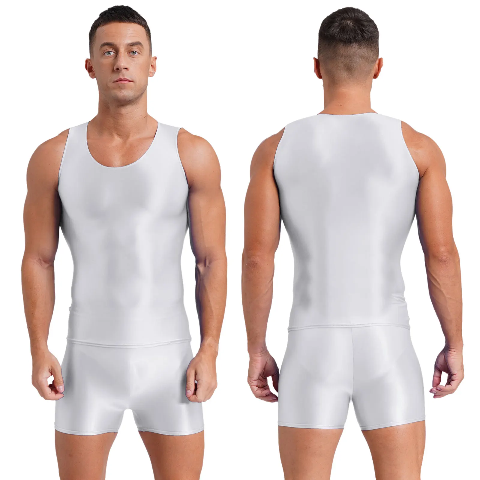 Summer Sport Bodybuilding Costumes Men Glossy Sleeveless Crop Top with Stretchy Shorts Set for Running Fitness Swimming Suit