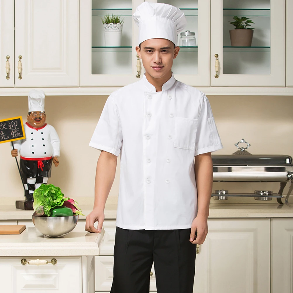 

Short Sleeve Xxl White Cotton Blended Loose Kitchen Hotel Workwear Stand Up Collar Split Sleeve Pocket 8