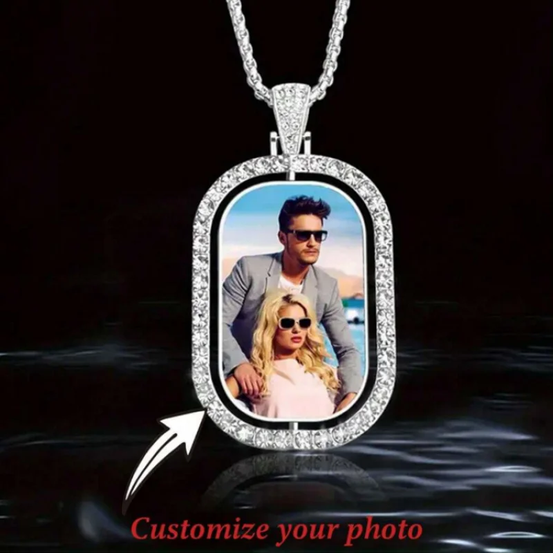 Custom Photo Pendant Necklace, Personalised Custom, Rhinestone Frame Rectangle, Couple Pet Family Custom Commemorative Jewellery