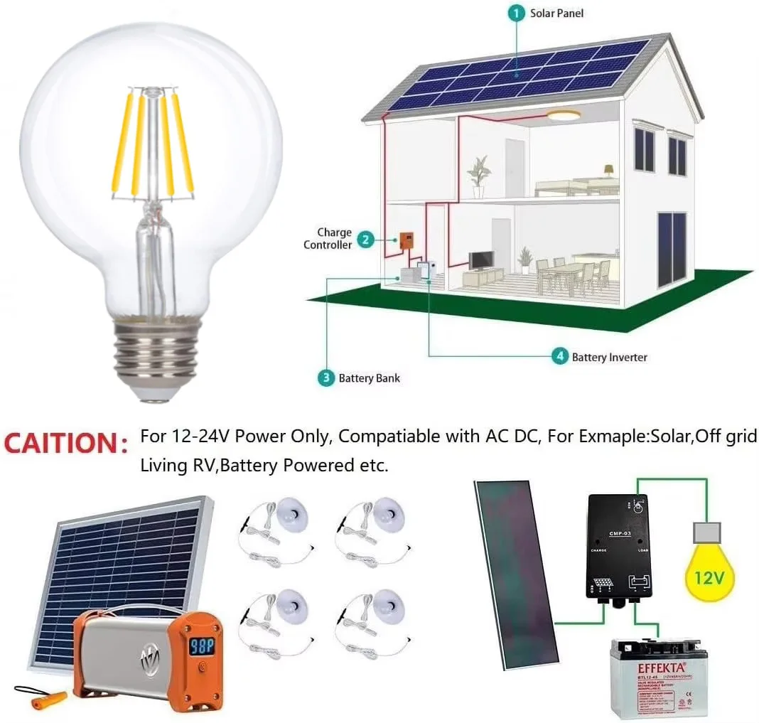 12V Low Voltage LED Light Bulb G80 24 Volt Edison Bulb 2700K 4500K E27 Base LED Bulbs for Off-Grid Solar Battery Systems RV Boat