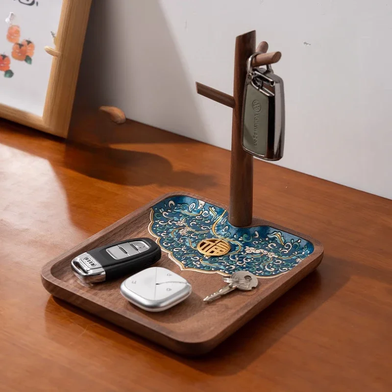 

Keys Storage Stand Porch Ornaments Solid Wood Foyer Storage Box Chinese Storage Tray Black Walnut Shelf