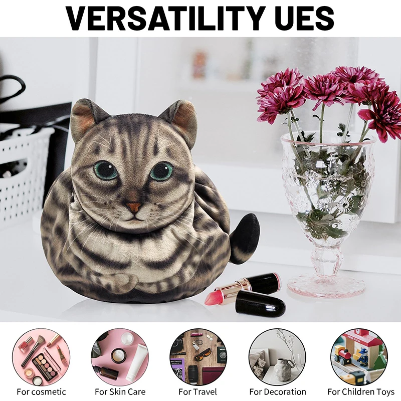 Cute Cat Makeup Bag Drawstring Closure 3D Cat Head Design Flat Cosmetic Pouch Gift for Women Cat Lovers Travel Organizer Bag