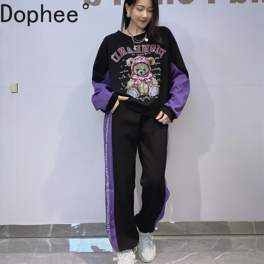 

Уличная одежда, новые осенние женские комплекты с капюшоном, милый пуловер с длинными рукавами и бриллиантами в виде медведя, топ + повседневные шаровары с эластичной резинкой на талии