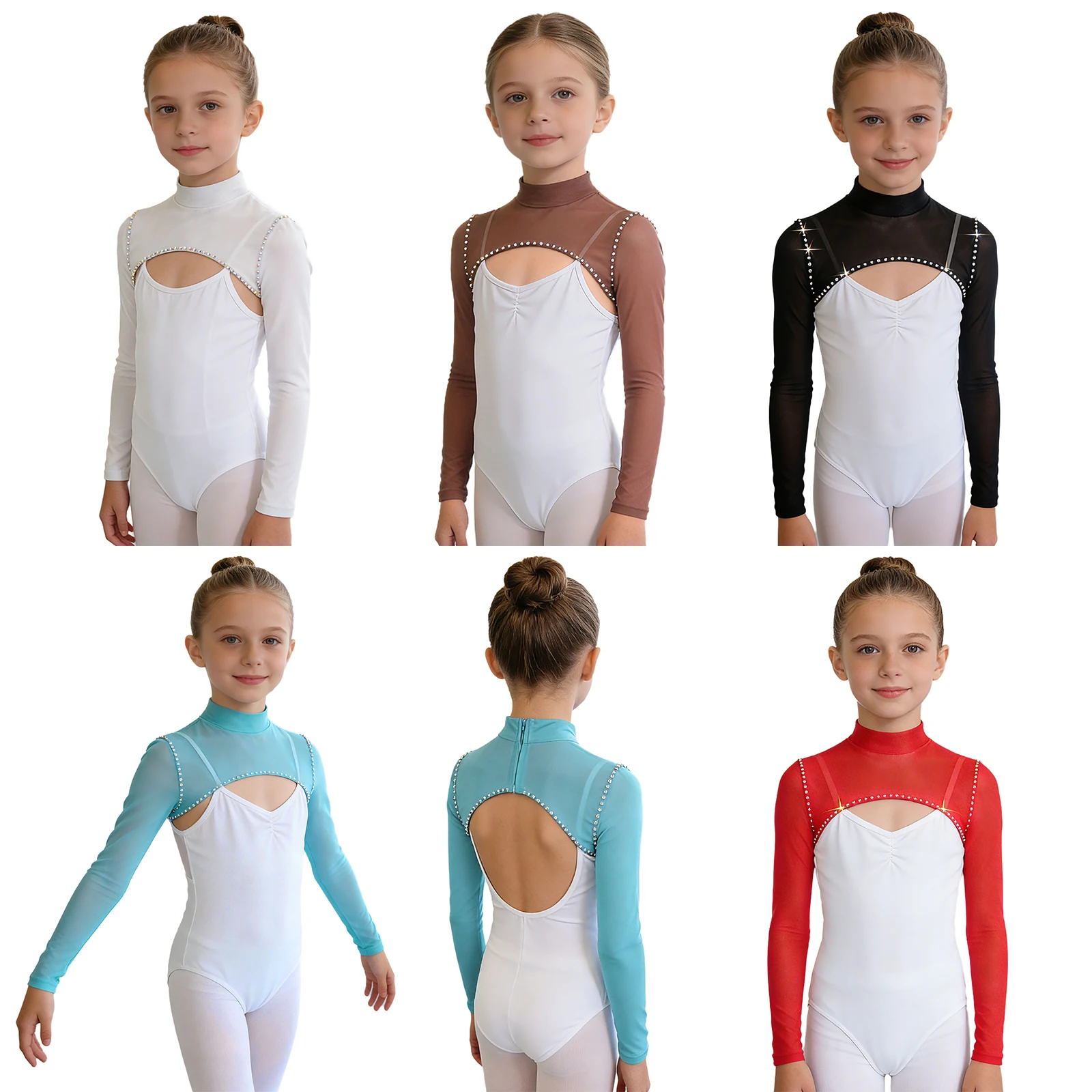 

Children Girls Mesh Ballet Dance Shrug Figure Skating Gymnastics Performance Dancewear Long Sleeve Glittery Rhinestones Crop Top